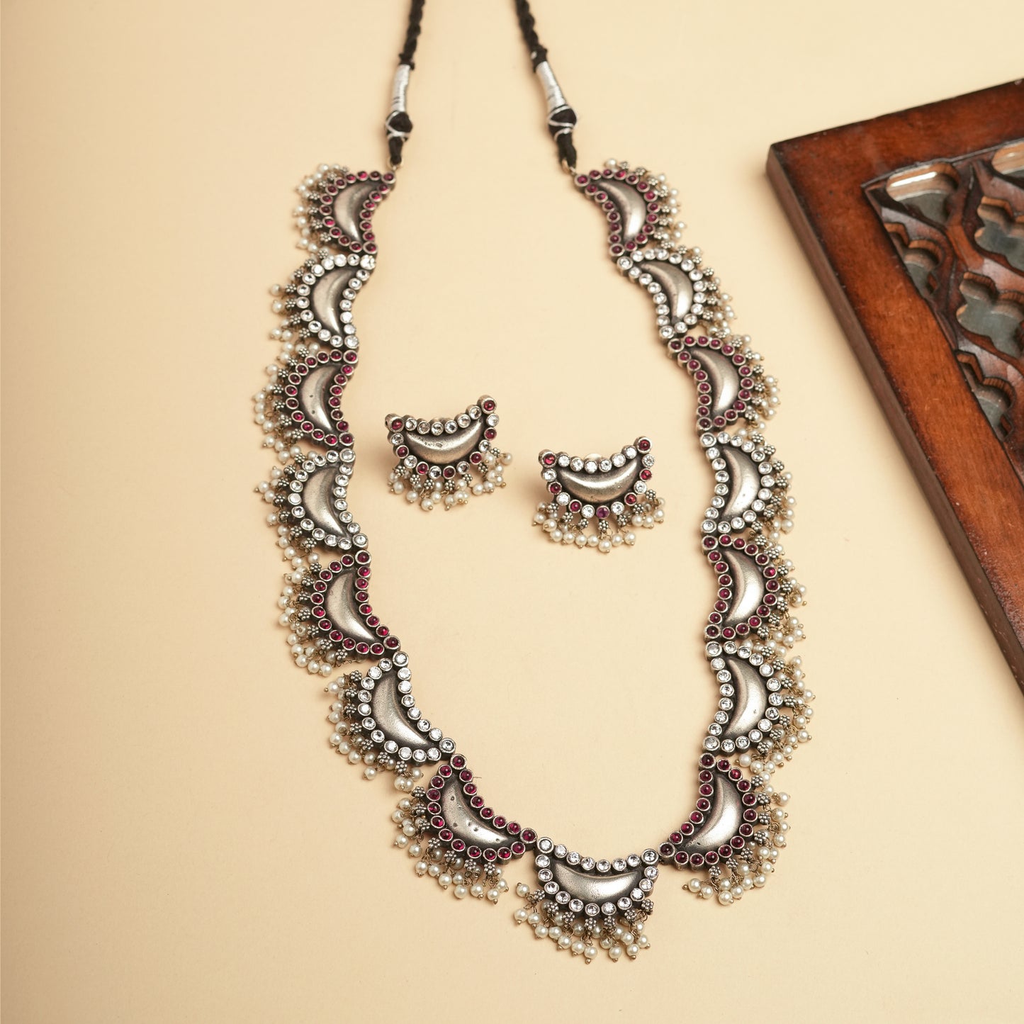 long moon shape necklace -silver plattedpearl with pink stones