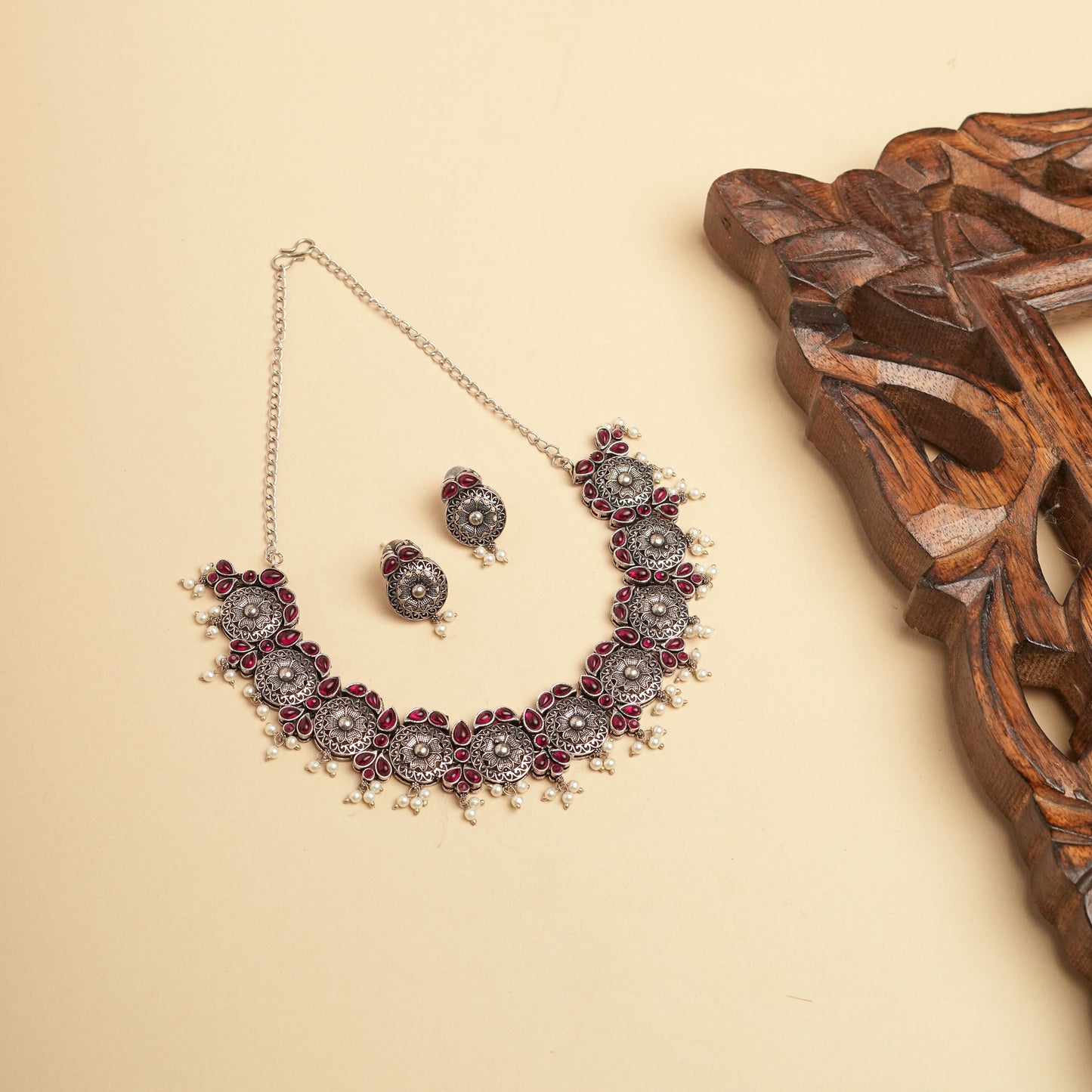 German silver Brass delicate pink flowers Necklace set perfect for Navratri