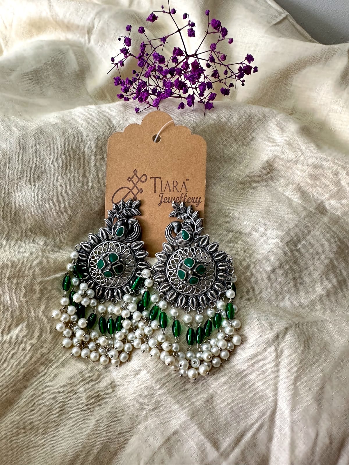 German Silver Peacock Motif & Pearls Drop Earrings In Sale For Women & Girls