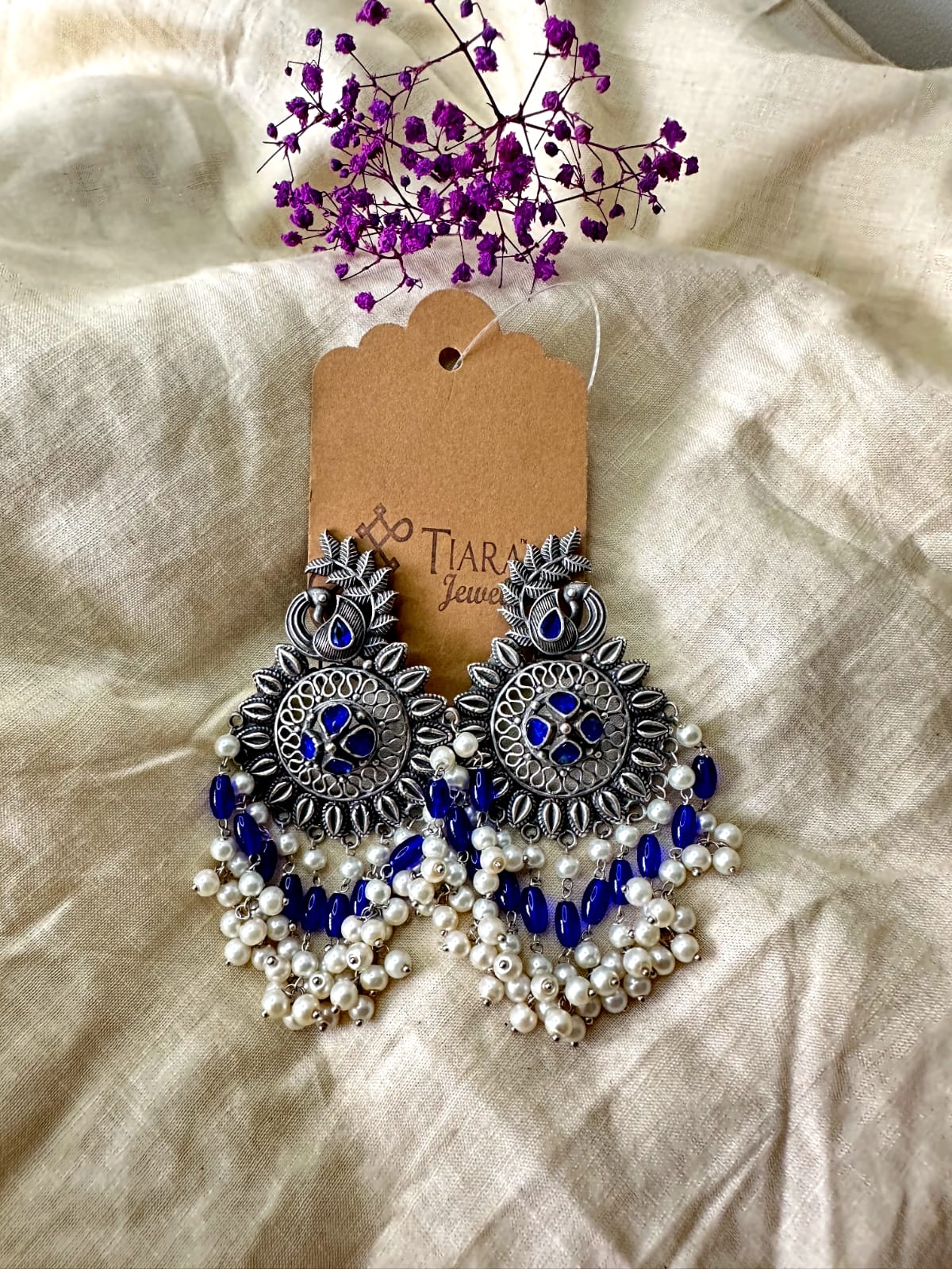 German Silver Peacock Motif & Pearls Drop Earrings In Sale For Women & Girls