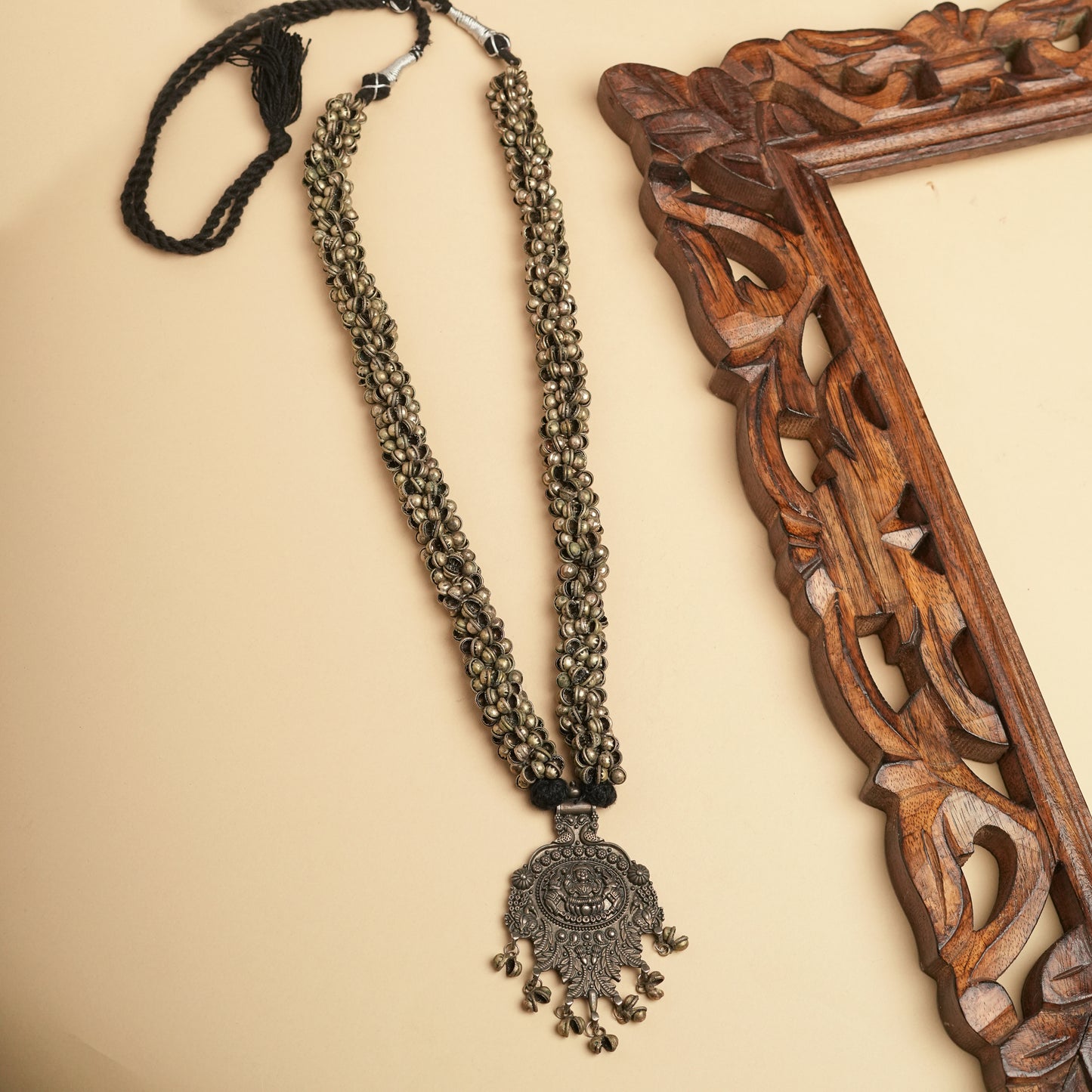 German silver  temple Brass long Necklace with ghoogroo