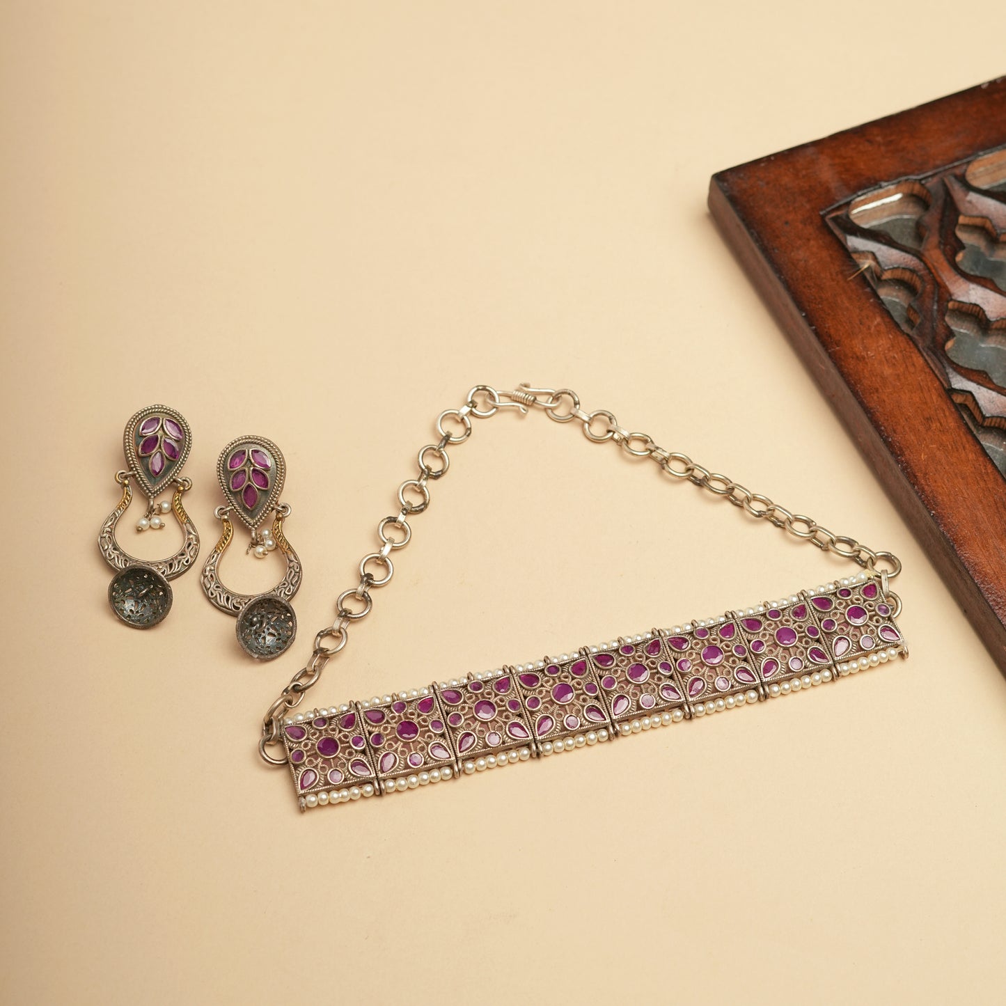 German silver Pink Brass necklace set perfect for Navratri