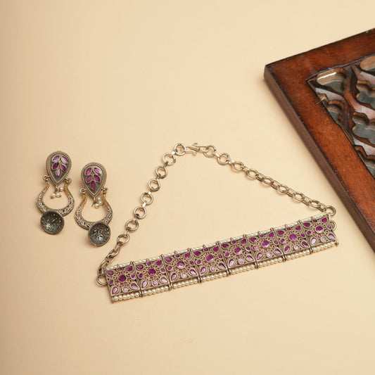 German silver Pink Brass necklace set perfect for Navratri
