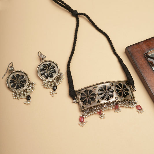 German silver Brass Navratri choker set - Enamel flower design