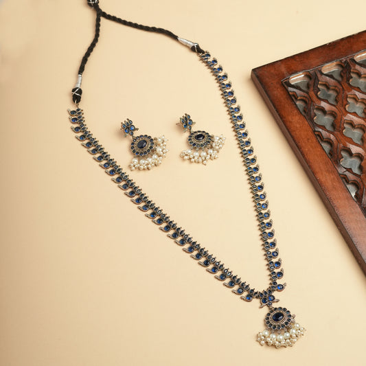 German silver Brass long Necklace Red stone with Earrings