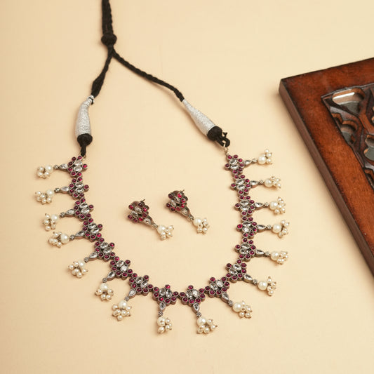 Floral Red stone long Necklace Set with pearls