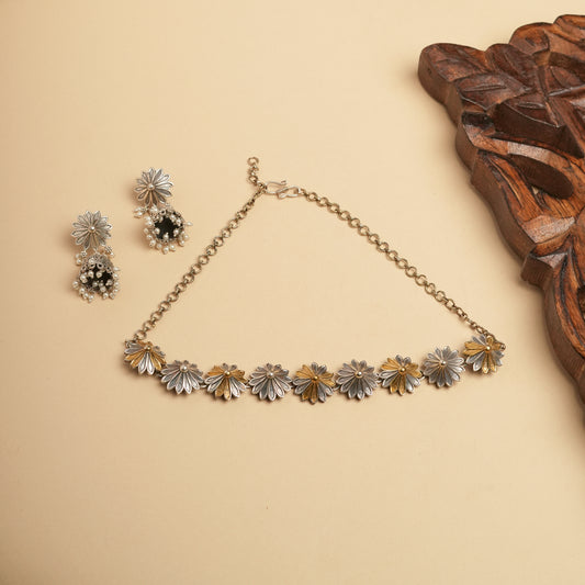 German silver Brass floral dual-tone chokar set perfect for Navratri