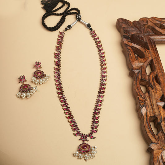 German silver Brass long Necklace Red stone with Earrings