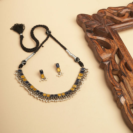 German silver Brass delicate yellow & Blue Necklace set perfect for Navratri