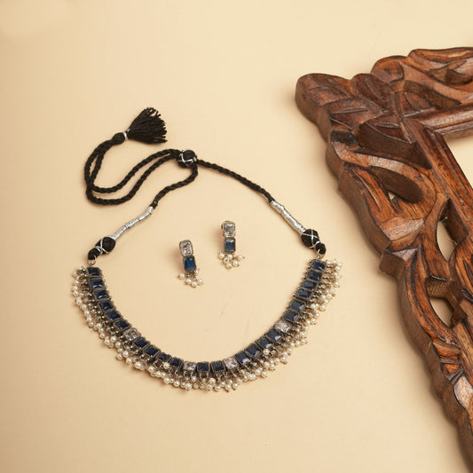 German silver Brass delicate white & Blue Necklace set perfect for Navratri