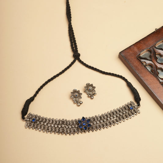 German silver Blue Flower Navratri Necklace set