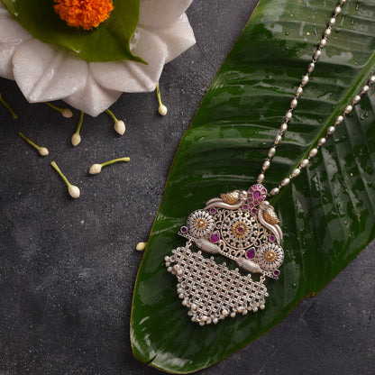 Handcrafted Dual-Tone German Silver Pendant with Intricate Indian Motifs